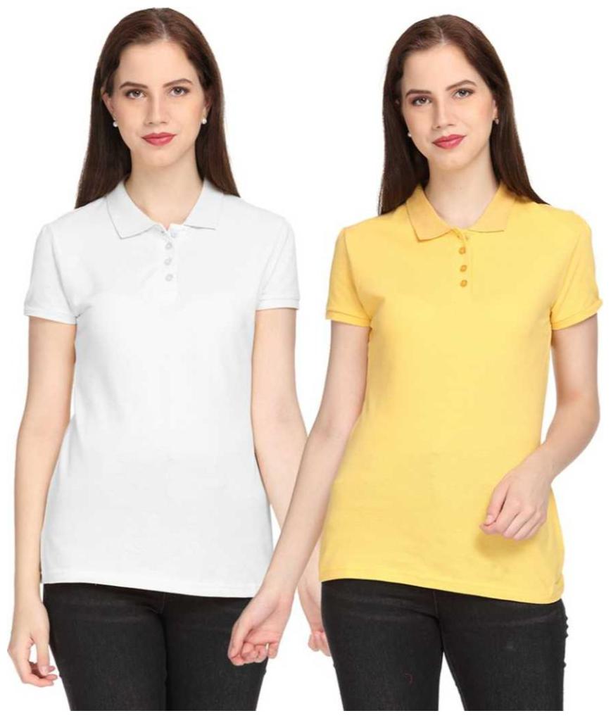 

BAZARVILLE Women White Yellow Regular fit Polo neck Cotton T shirt