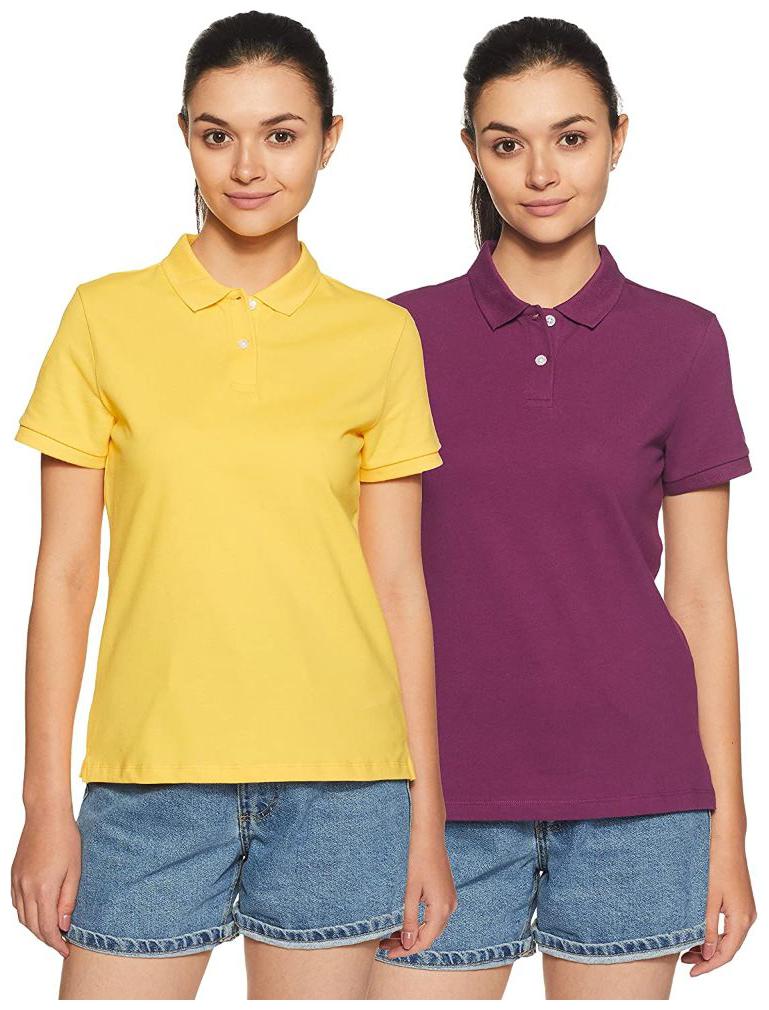 

BAZARVILLE Women Yellow Purple Regular fit Polo neck Cotton T shirt
