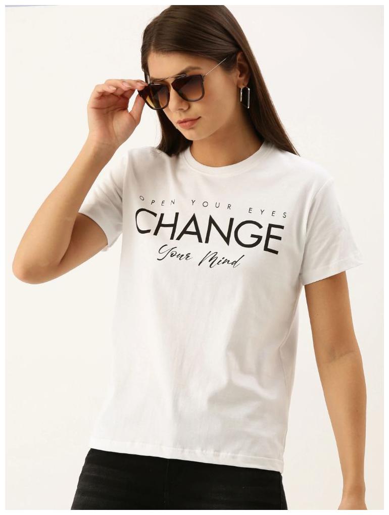 

BAZARVILLE Women White Regular fit Round neck Cotton T shirt