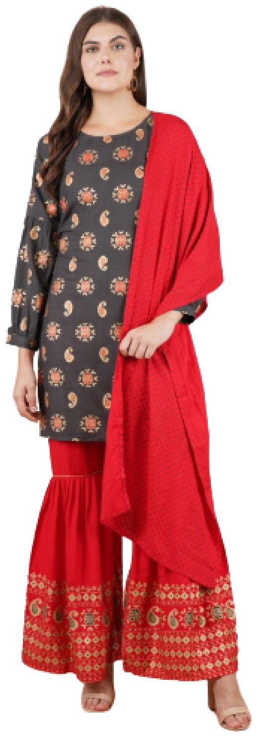 

BBQSTYLE Women Grey Printed Straight Kurta With Sharara And Dupatta