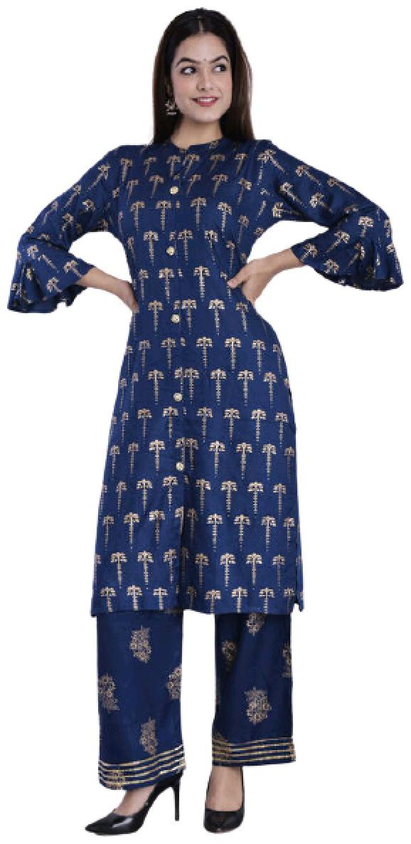

BBQSTYLE Women Blue Printed Straight Kurta With Palazzo