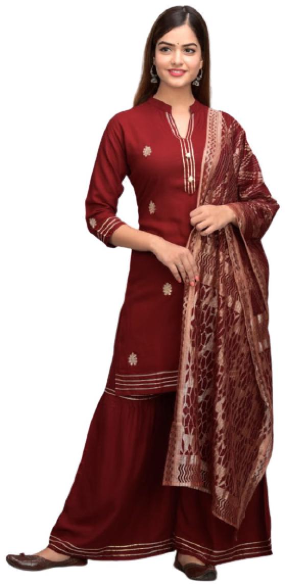 

BBQSTYLE Women Maroon Printed Straight Kurta With Sharara And Dupatta