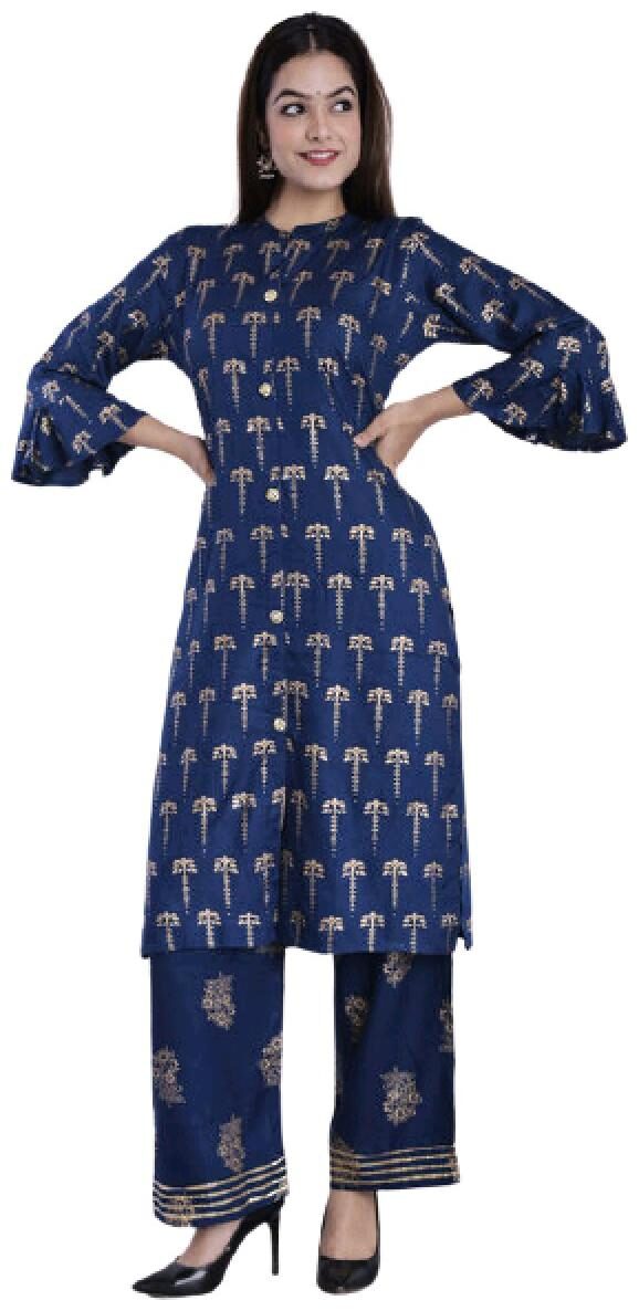 

BBQSTYLE Women Blue Printed Straight Kurta With Palazzo