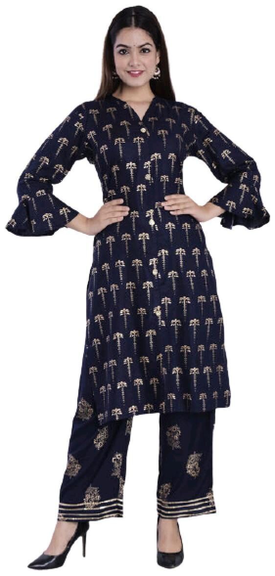 

BBQSTYLE Women Navy Blue Printed Straight Kurta With Palazzo