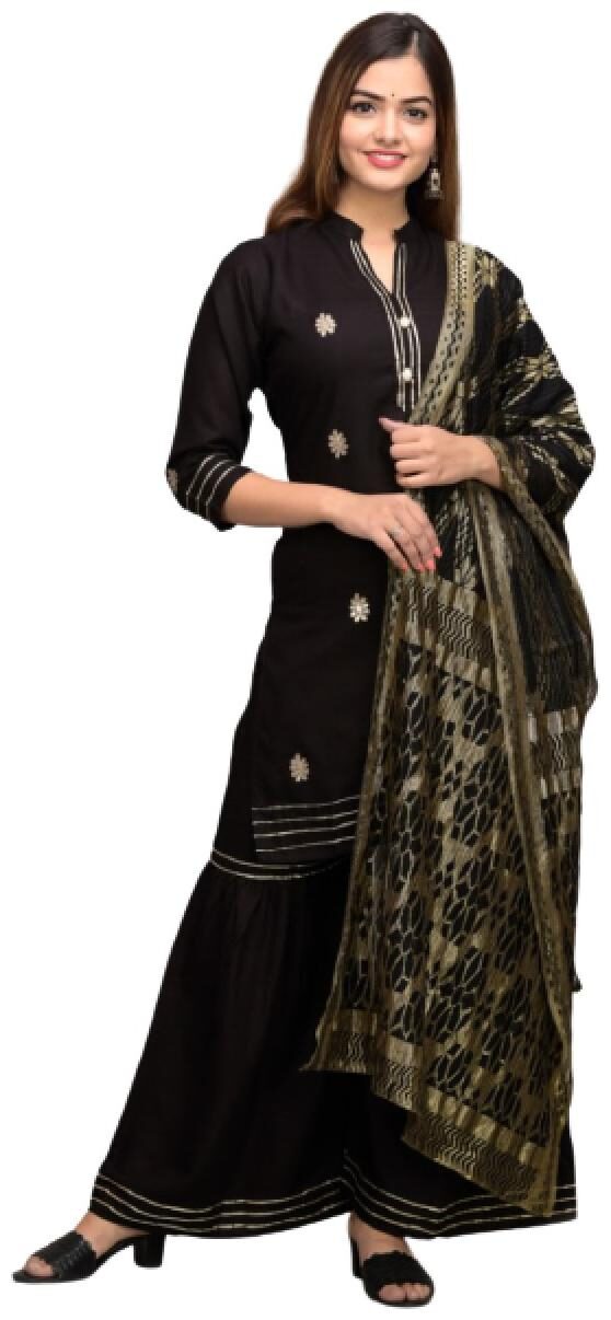 

BBQSTYLE Women Black Printed Straight Kurta With Sharara And Dupatta