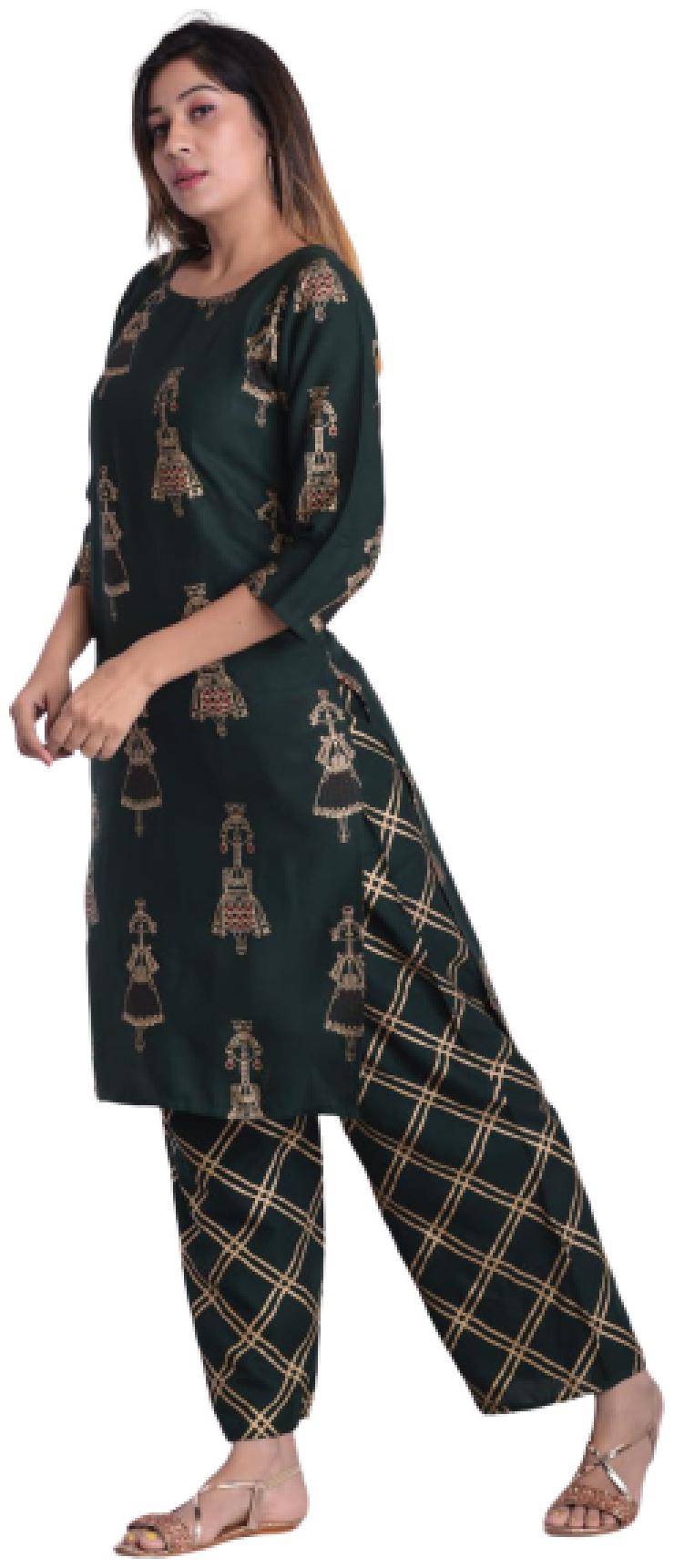 

BBQSTYLE Women Green Printed Straight Kurta With Palazzo