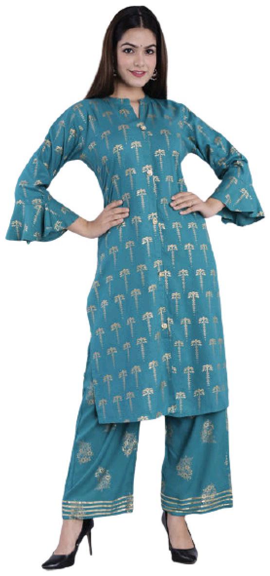 

BBQSTYLE Women Blue Printed Straight Kurta With Palazzo