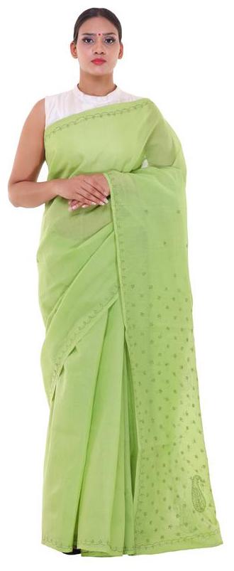 

BDS Chikan Green Embroidered Lucknow Chikankari Designer Saree With Blouse With blouse