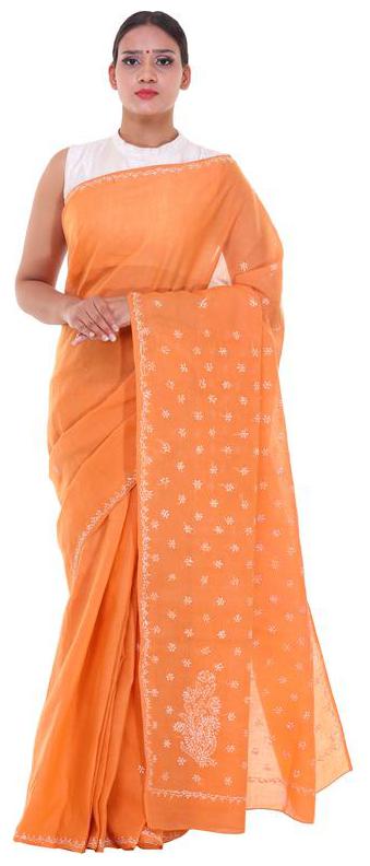 

BDS Chikan Yellow Embroidered Lucknow Chikankari Designer Saree With Blouse With blouse