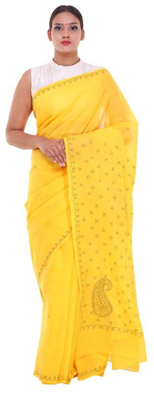 

BDS Chikan Yellow Embroidered Lucknow Chikankari Designer Saree With Blouse With blouse