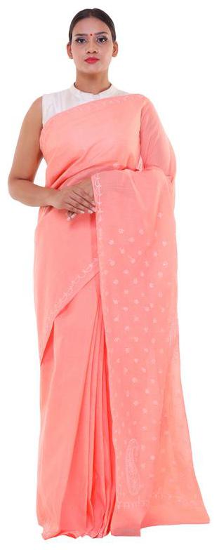 

BDS Chikan Peach Embroidered Lucknow Chikankari Designer Saree With Blouse With blouse
