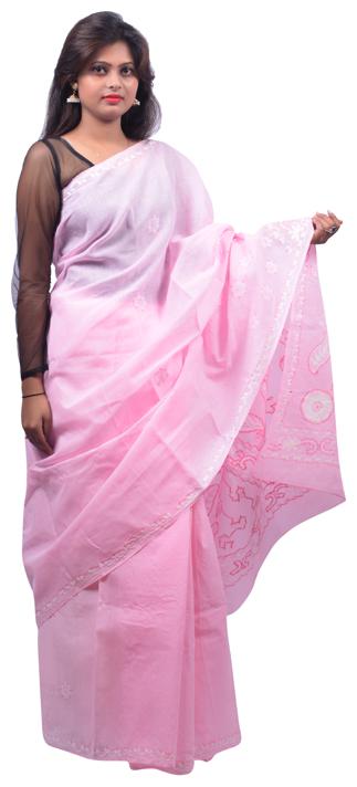 

BDS Chikan Pink Embroidered Lucknow Chikankari Designer Saree With Blouse With blouse