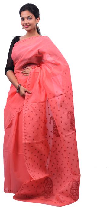 

BDS Chikan Peach Embroidered Lucknow Chikankari Designer Saree With Blouse With blouse