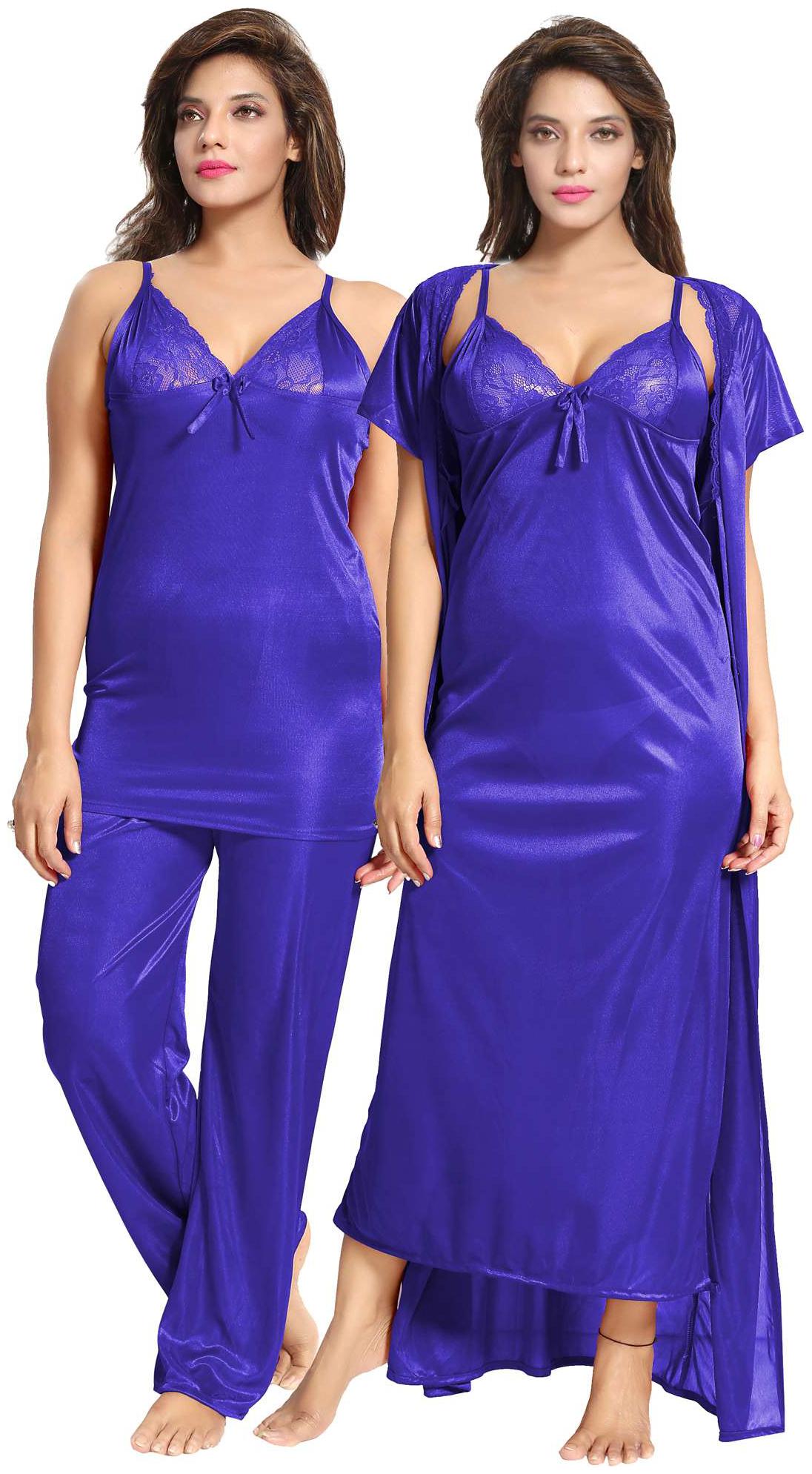 

Be You Blue Solid Women 4 pcs Nightwear Set Nighty with robe Top Pyjama Set