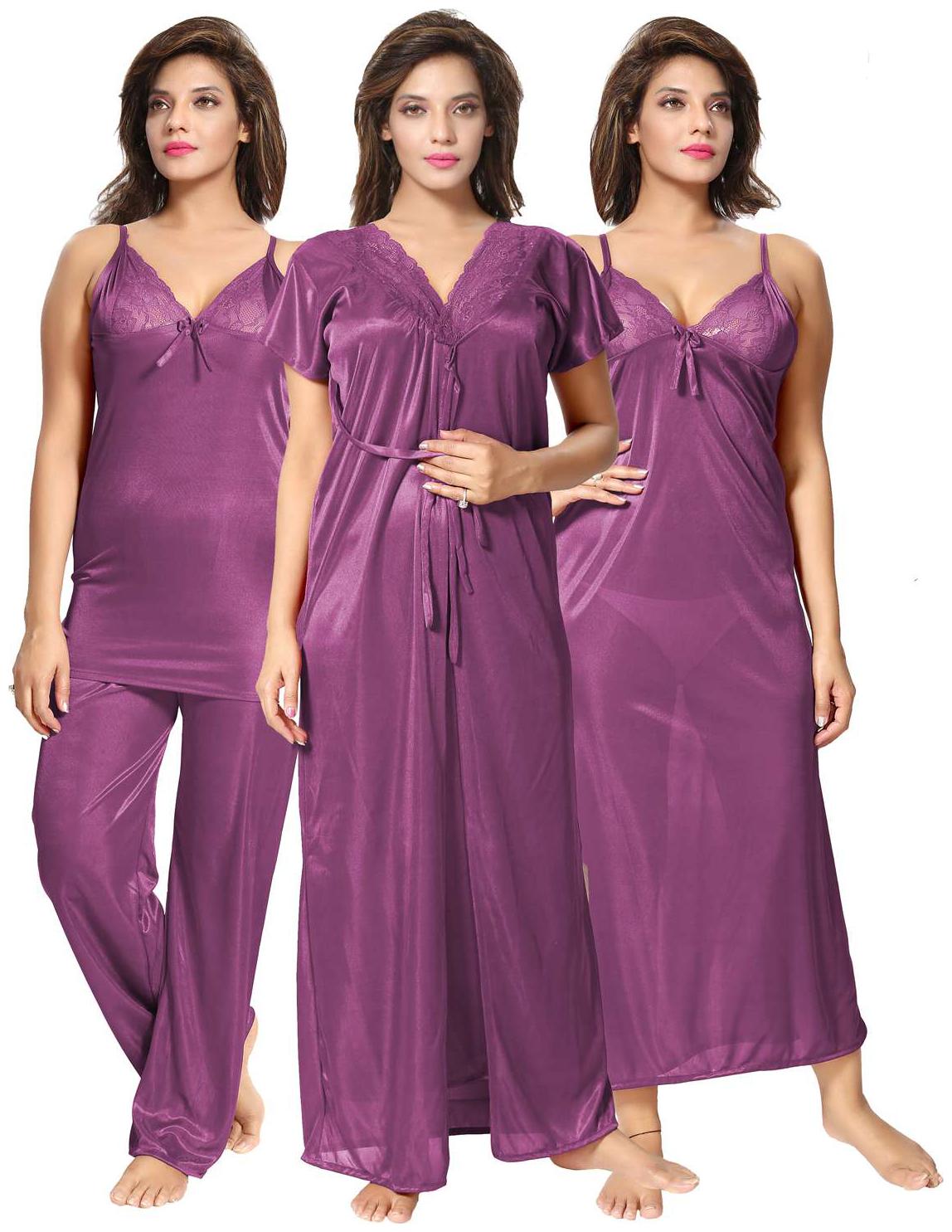 

Be You Purple Solid Women 4 pcs Nightwear Set Nighty with robe Top Pyjama Set