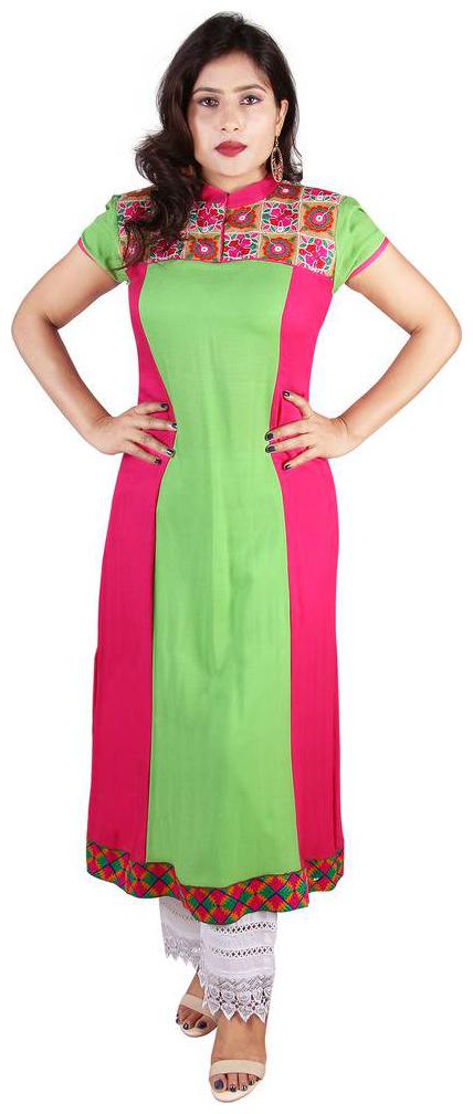 

Beautiful trendy embroidered Yoke Style Kalidar Long Pink and Green Rayon Kurta