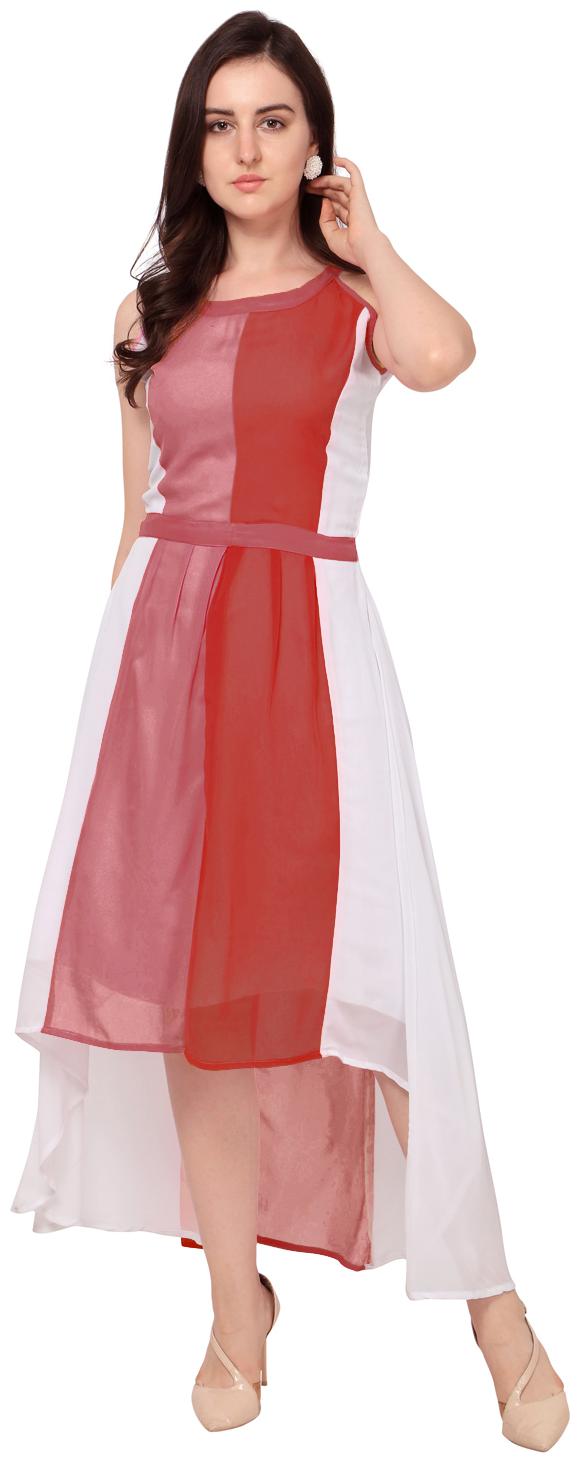 

Beauty Brich Fashion Women Maroon White Georgette Colorblocked Asymmetric Dress