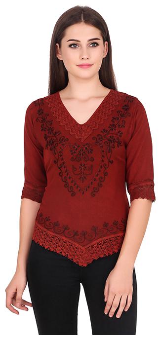 

BEF FASHION Women Embroidered Regular top - Maroon