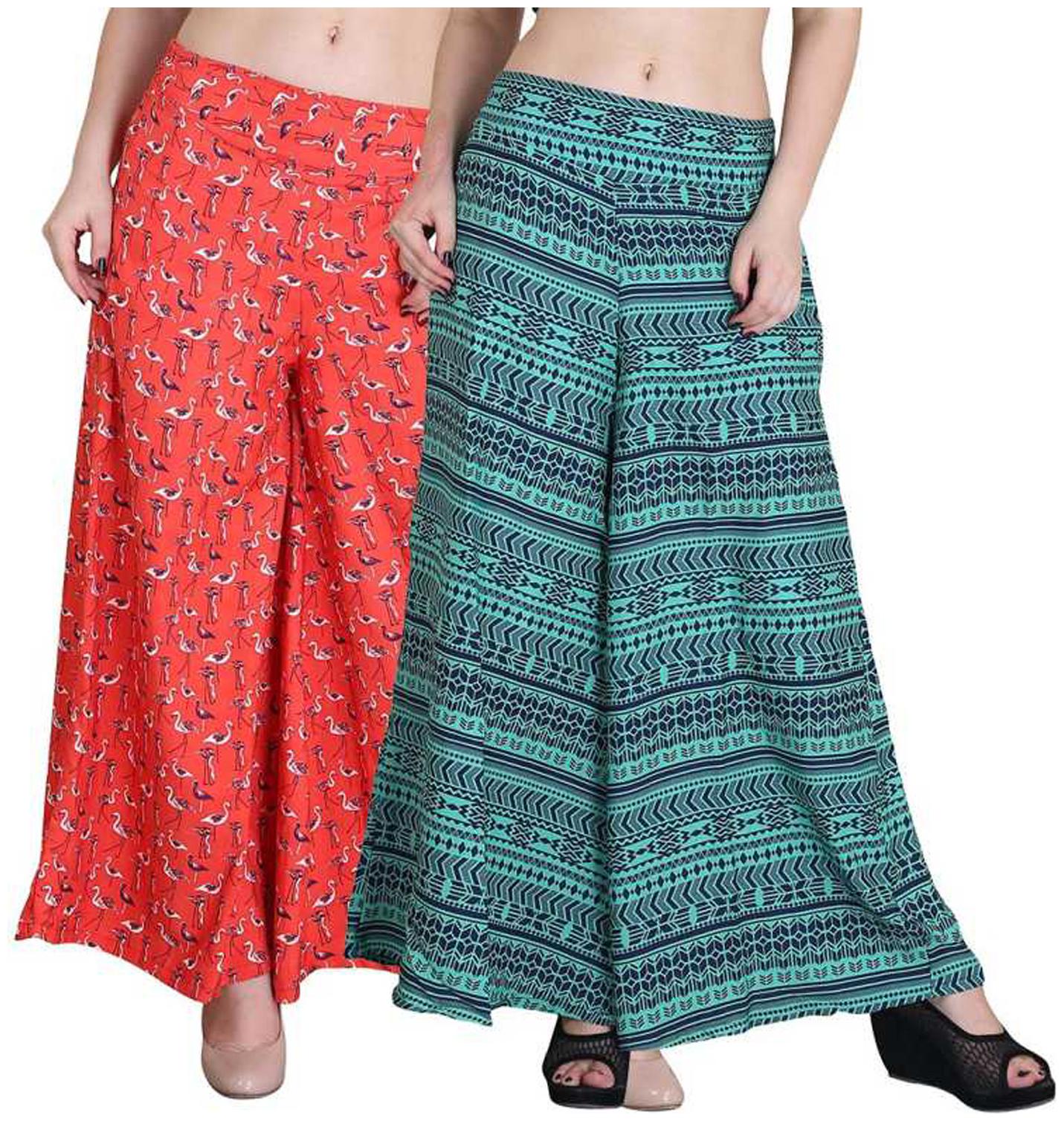 

BEF FASHION Green Orange Printed Flared Palazzo