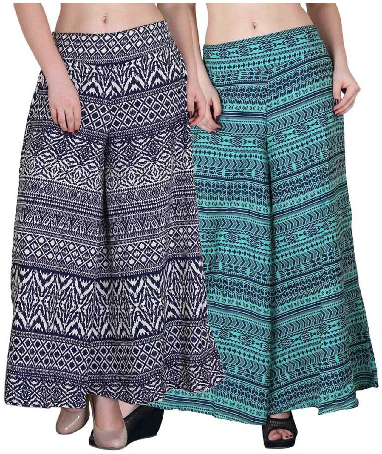 

BEF FASHION Green Blue Printed Flared Palazzo