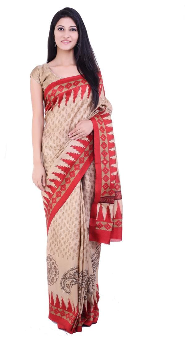beige and red printed silk saree