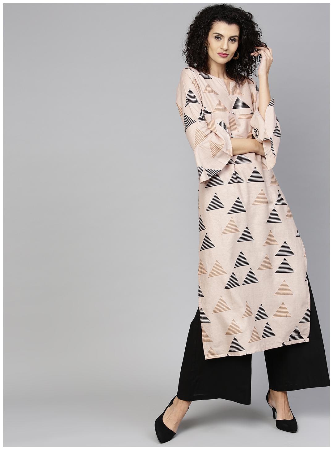 

AASI- HOUSE OF NAYO Women Beige Geometric Straight Kurta With Palazzo