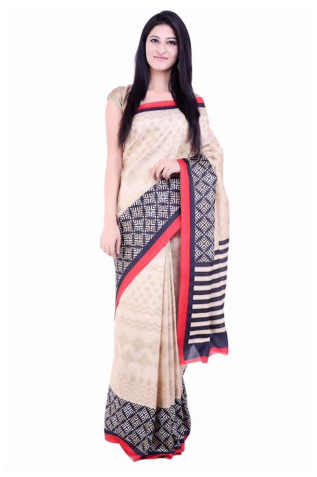 beige printed silk saree