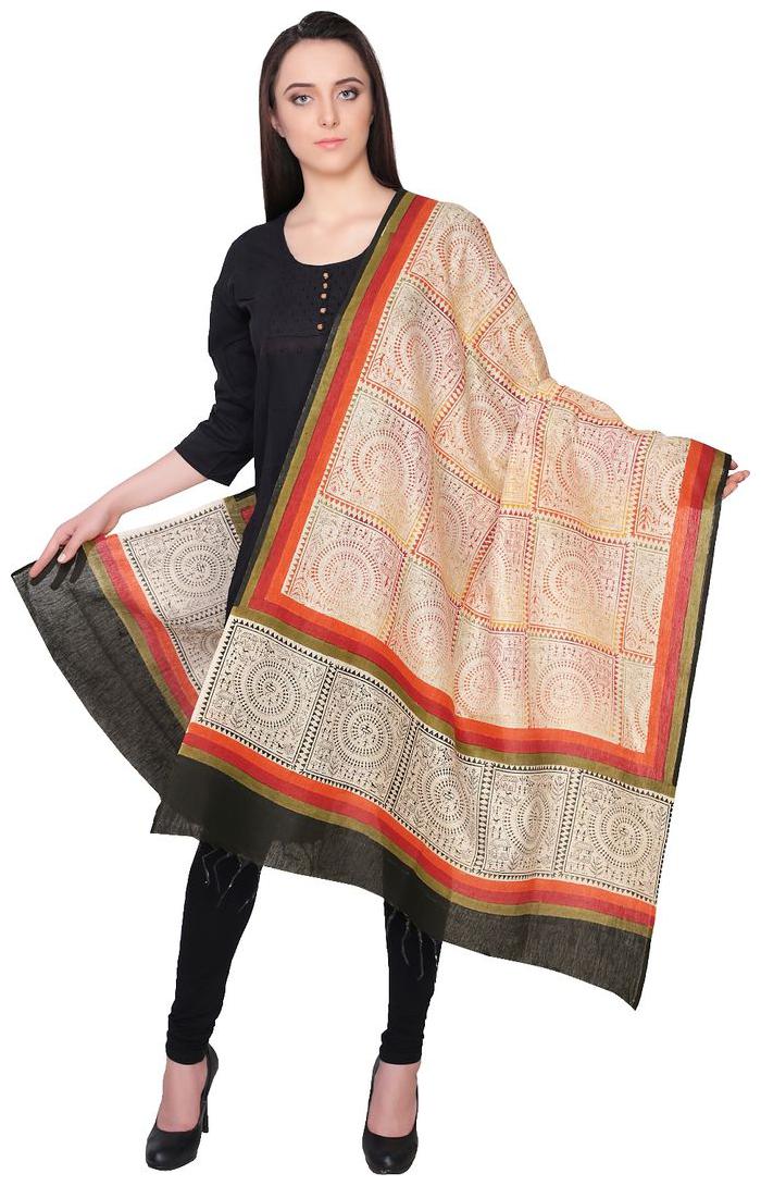 

Beige with black round worli art printed khadi dupatta