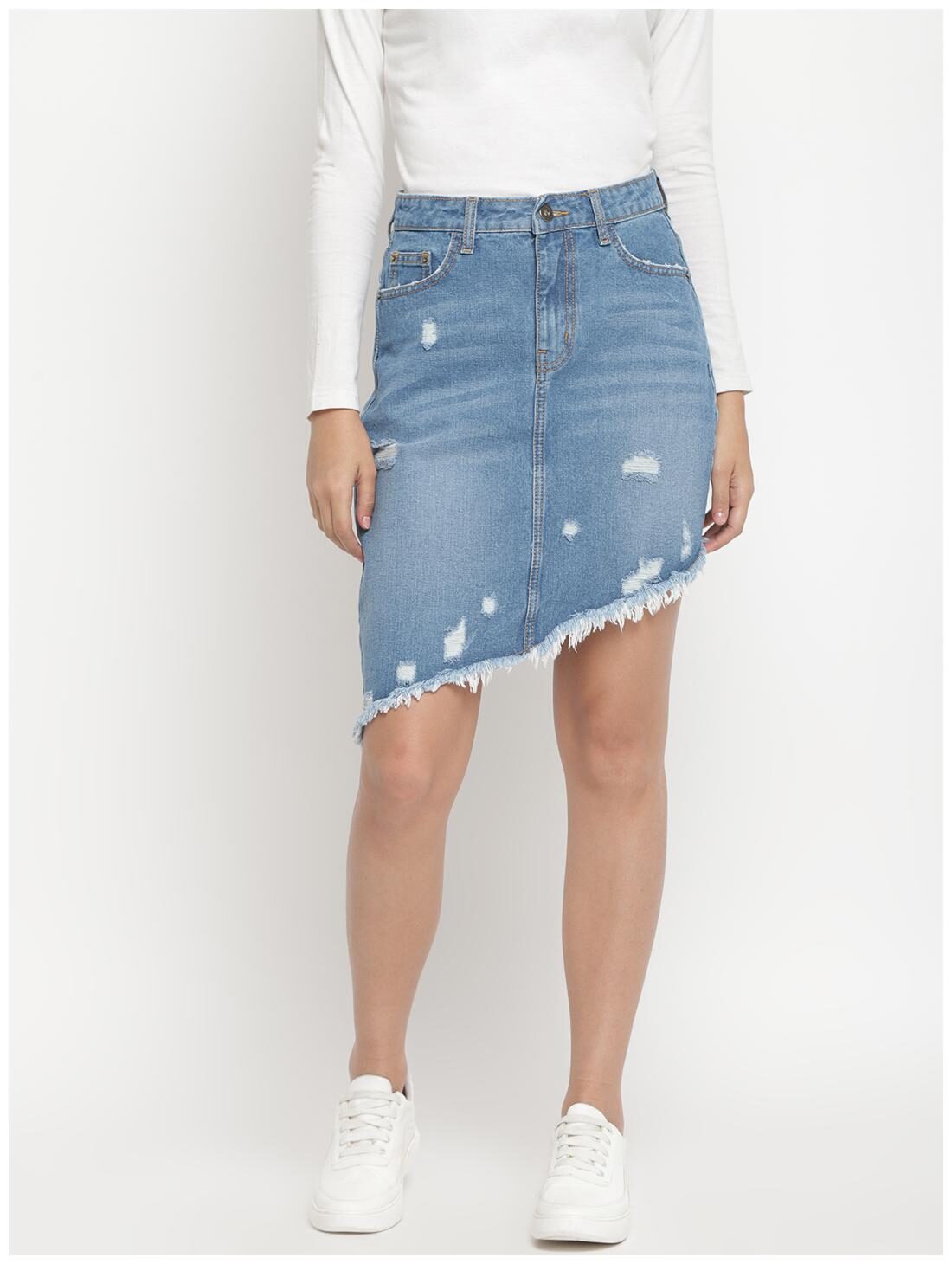 

Belliskey Denim Solid Blue Asymmetric Skirt Women
