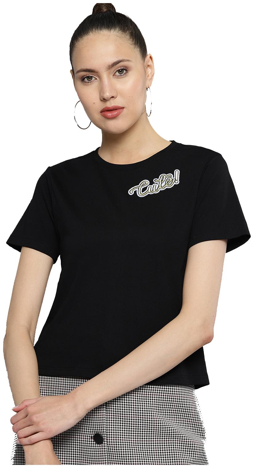

BESIVA Women Black Regular fit Round neck Cotton T shirt