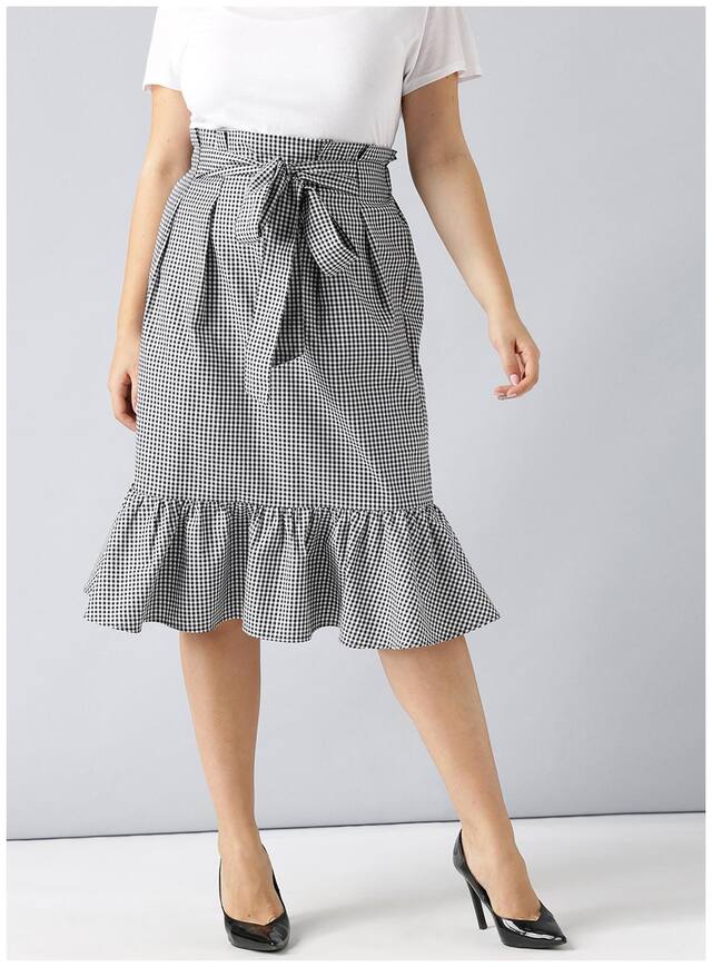 Besiva women's cotton black gingham midi skirt