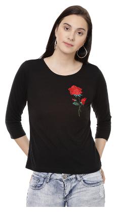 

Besiva women s black shirt with three quarter sleeve and patch work at front