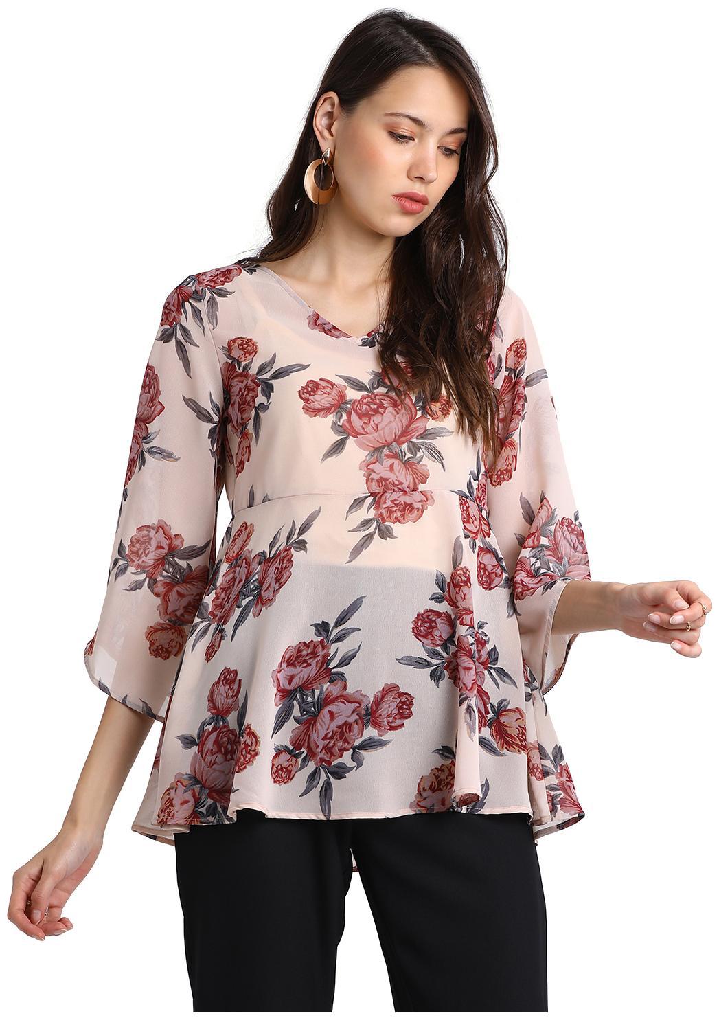 

BESIVA Women Printed A-line top - Beige