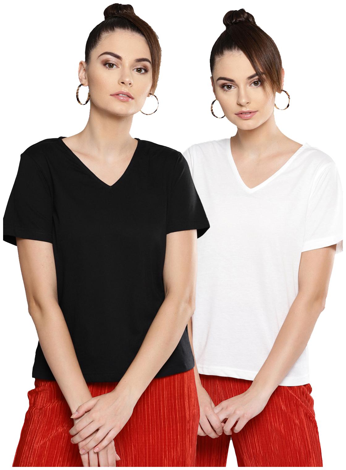 

BESIVA Women Black White Regular fit V neck Cotton T shirt