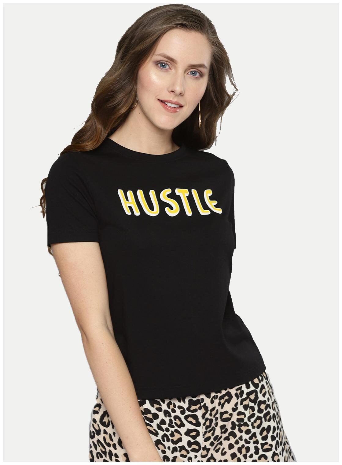 

BESIVA Women Black Regular fit Round neck Cotton T shirt