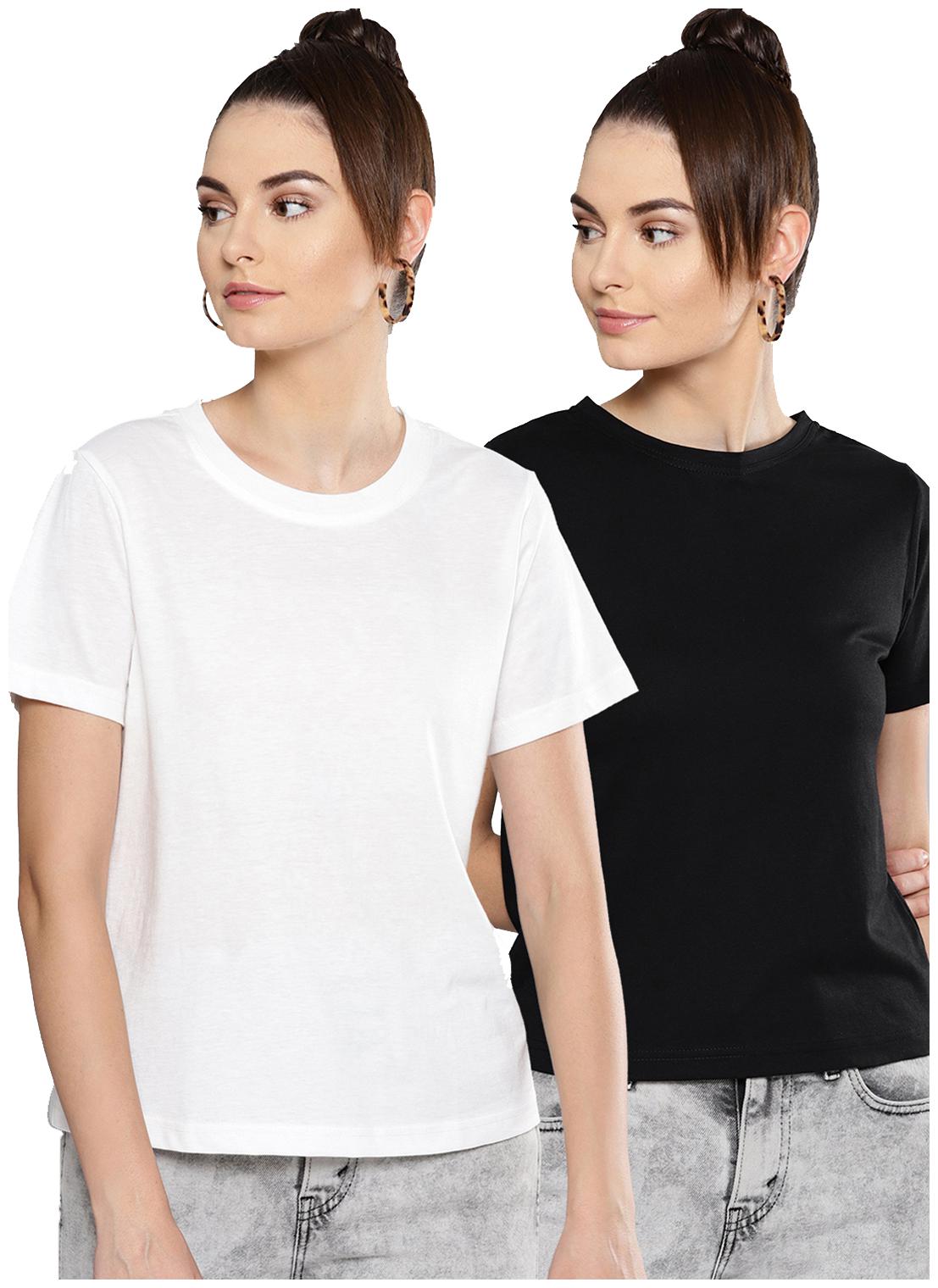 

BESIVA Women Black White Regular fit Round neck Polyester T shirt