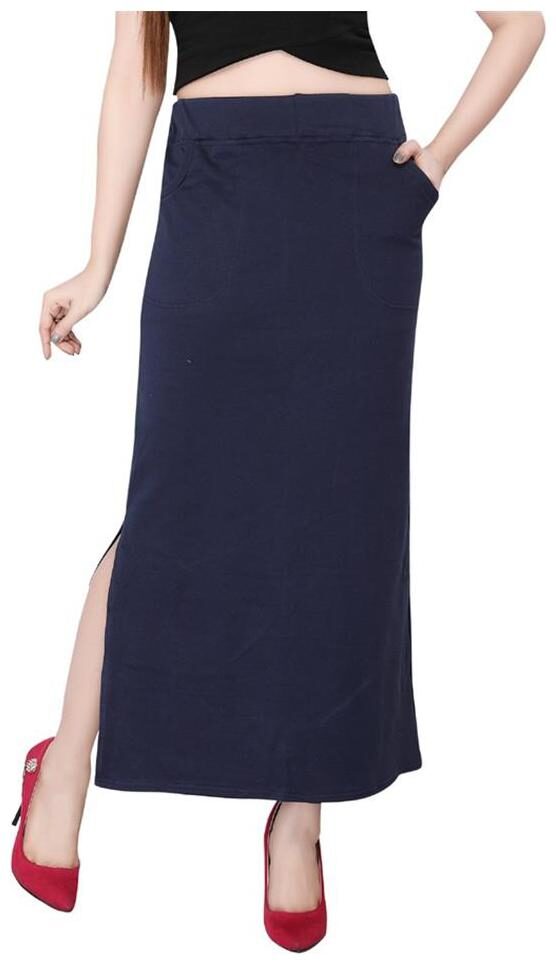 

Bfly Navy-Blue Cotton Hosiery Straight Skirt With Pocket
