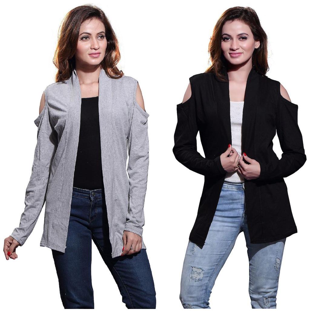 

Bfly Women s Viscose Cold-Shoulder Shrug(Grey Black) Set of 2