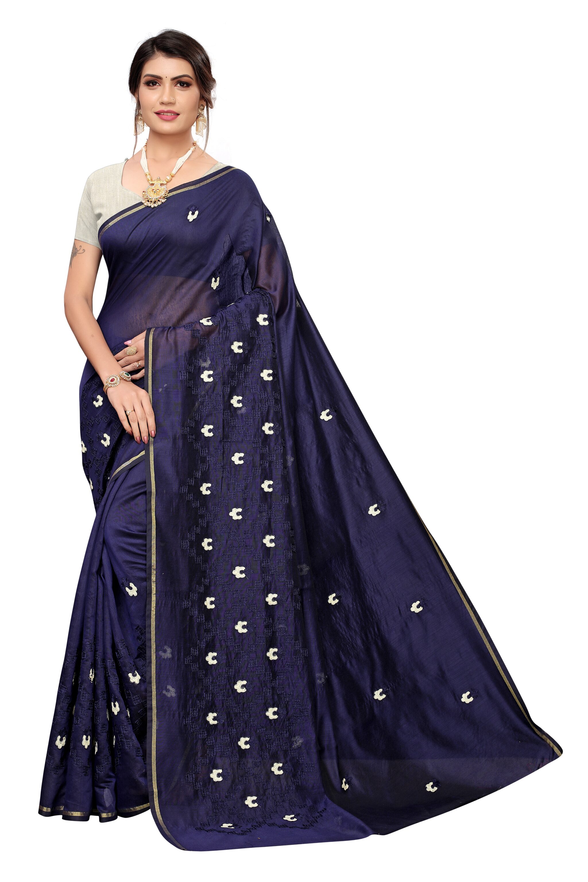 

BHAGYAVATI DESIGNER Cotton Embellished Navy Blue Party Wear Designer Saree