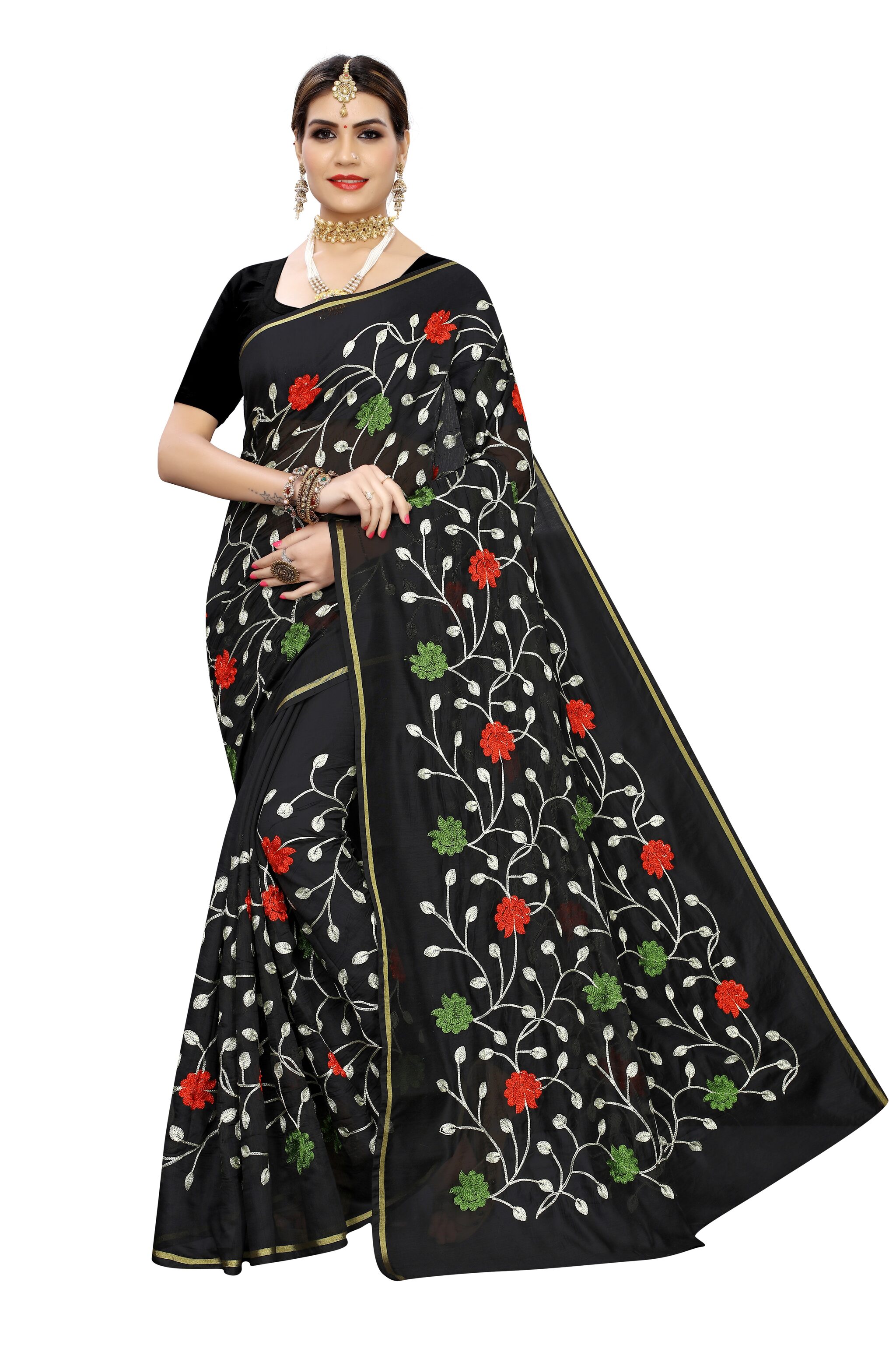 

BHAGYAVATI DESIGNER Cotton Blend Embroidered Black Party Wear Designer Saree