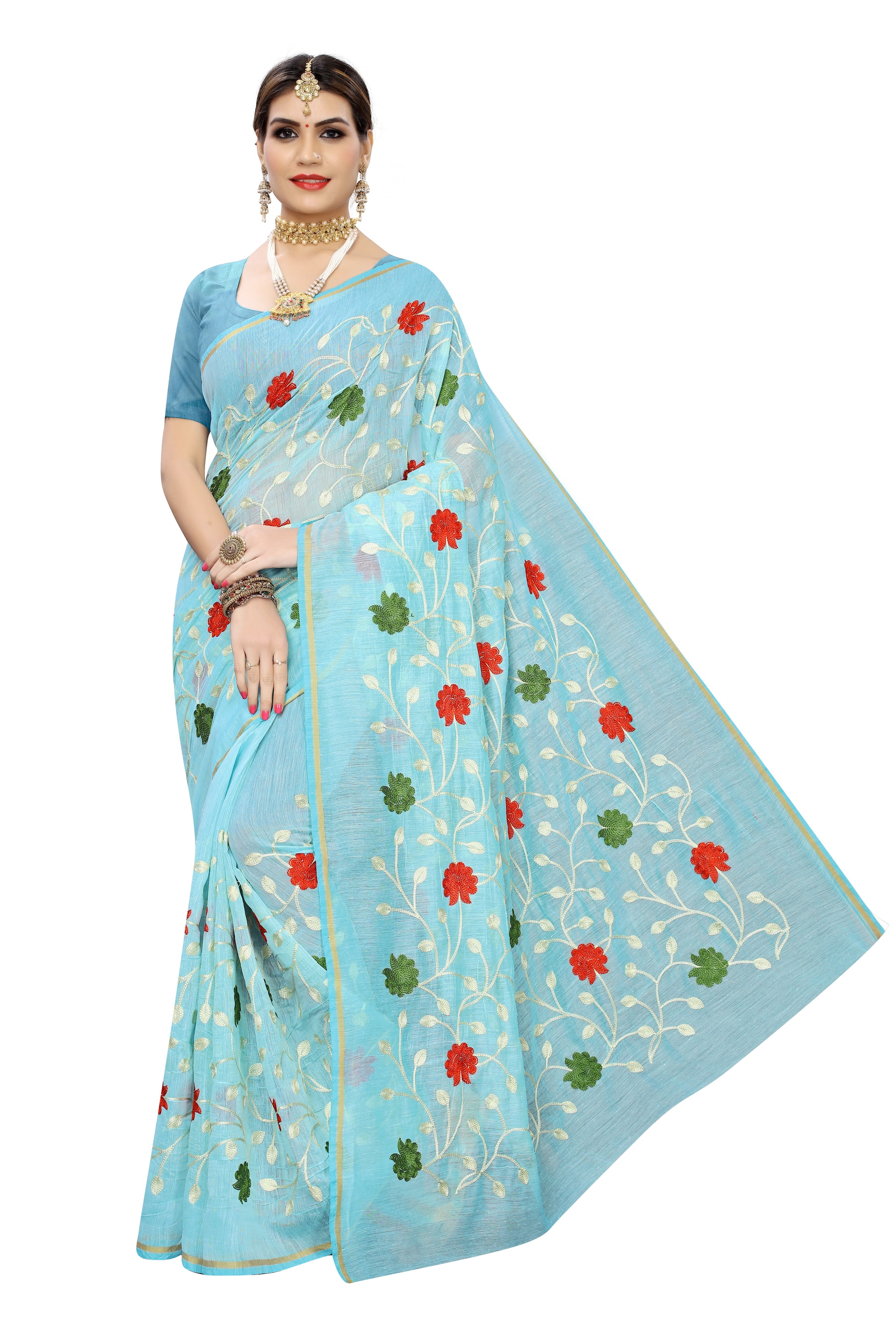 

BHAGYAVATI DESIGNER Cotton Blend Embroidered Blue Party Wear Designer Saree