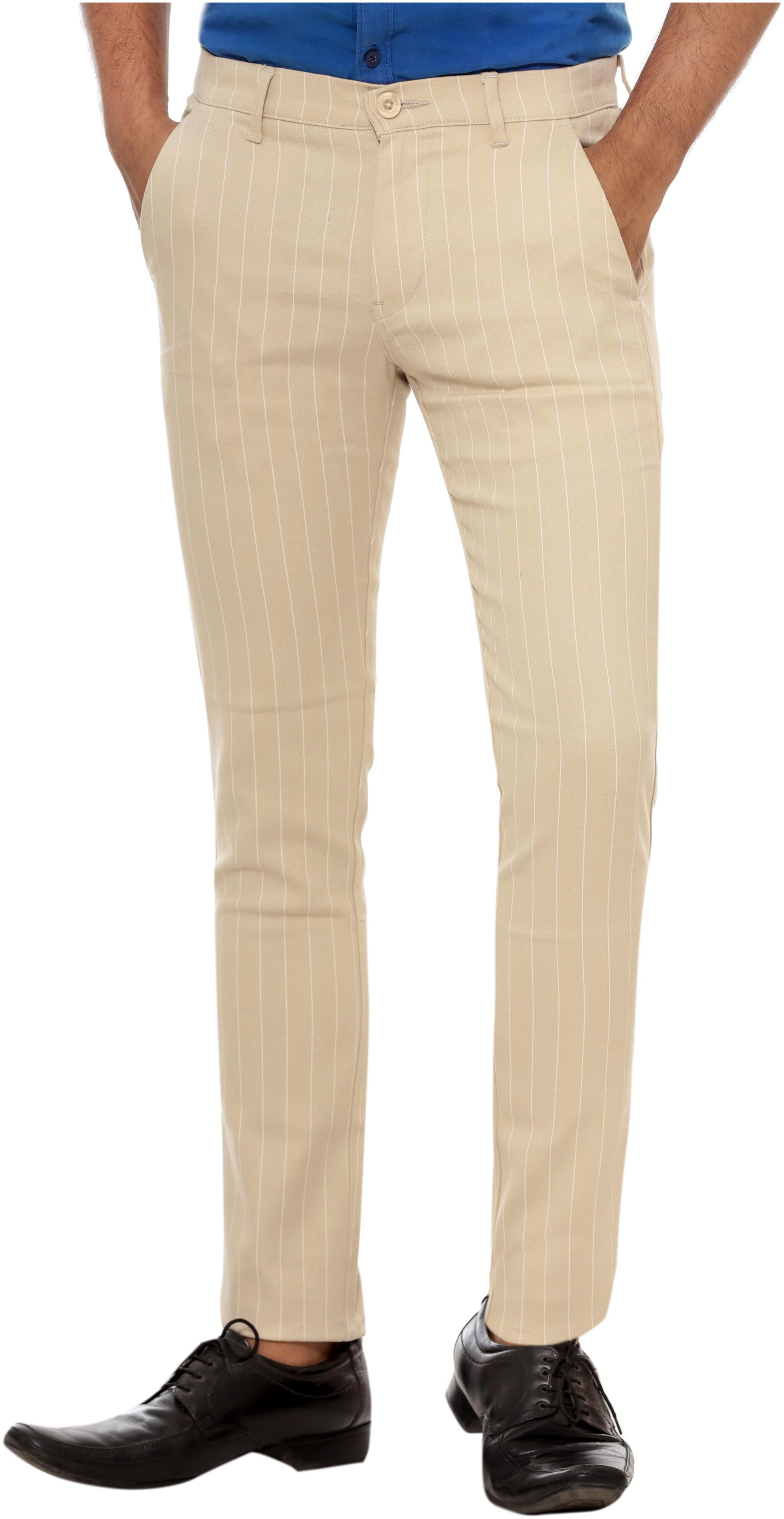 

BHAU Group Men Cream Striped Slim fit Wrinkle free Regular trousers