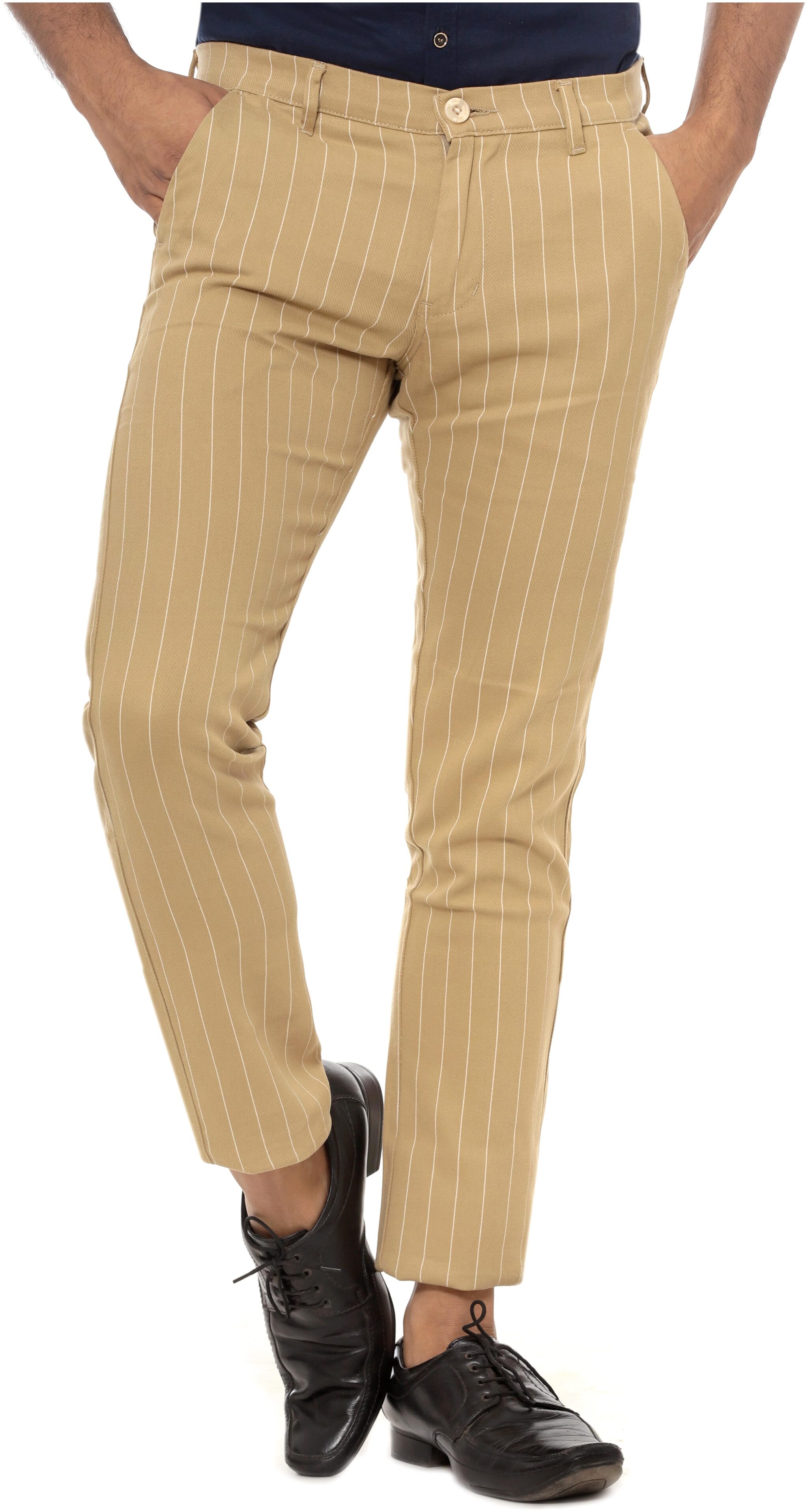

BHAU Group Men Brown Striped Slim fit Wrinkle free Regular trousers