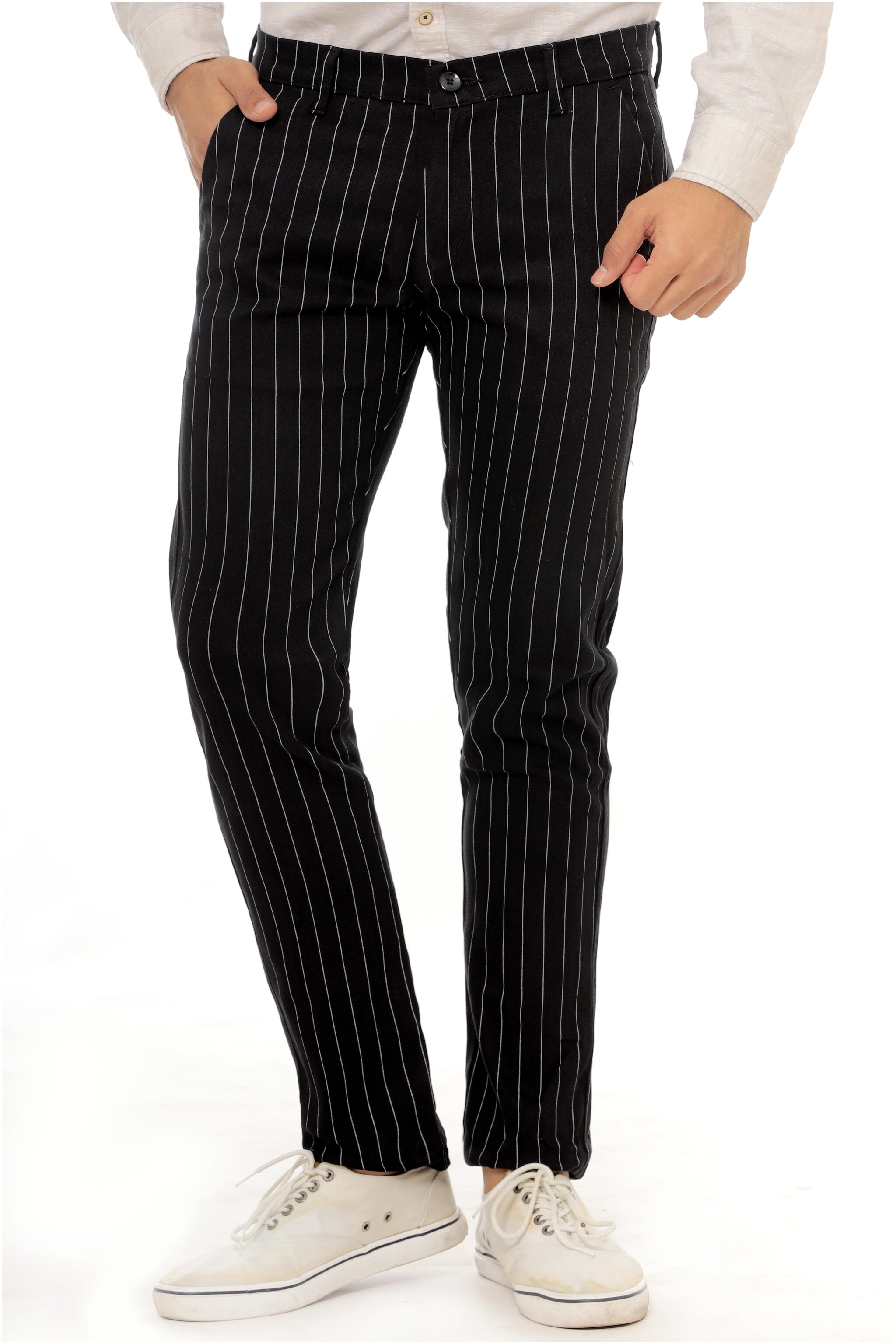 

BHAU Group Men Black Striped Slim fit Wrinkle free Regular trousers