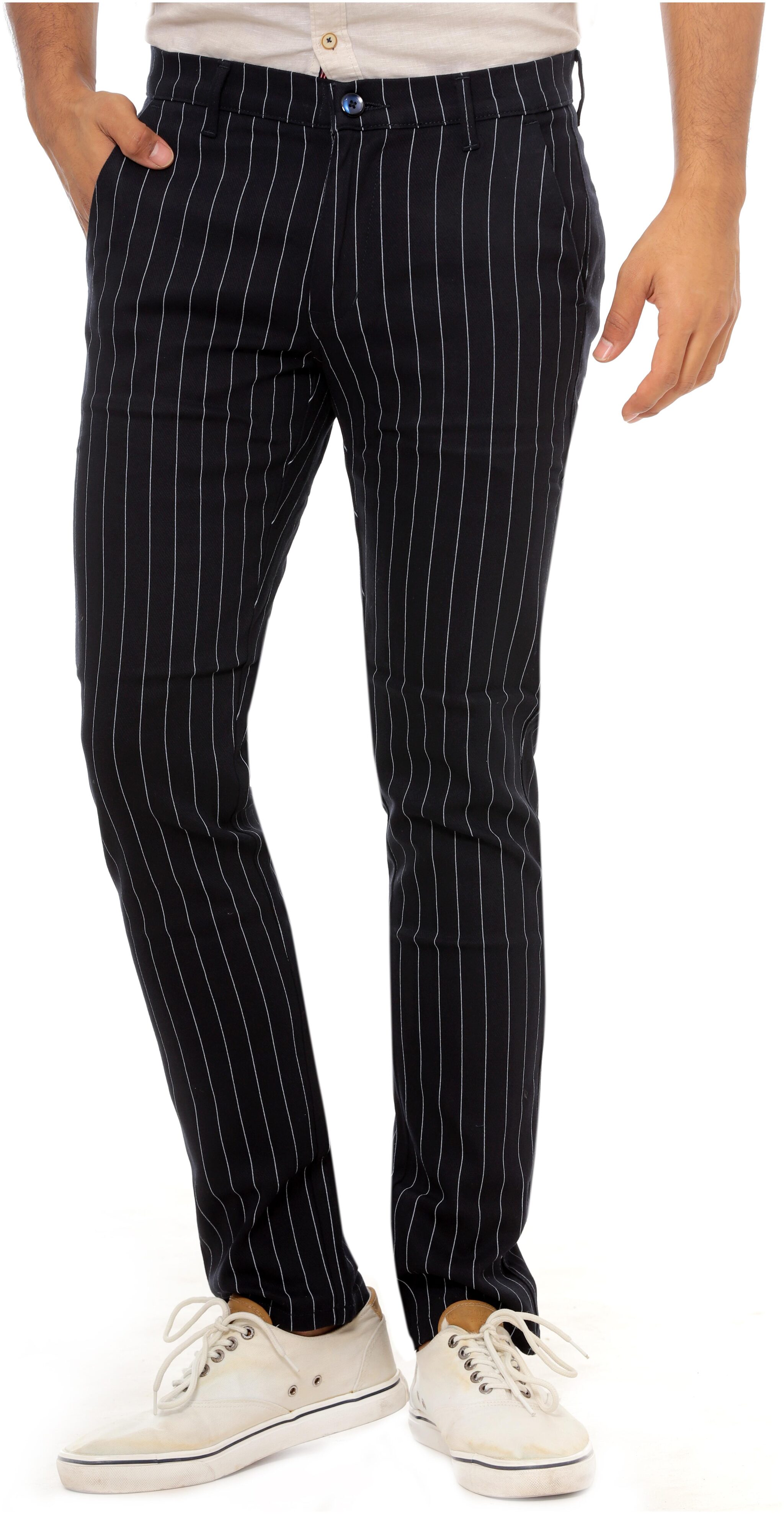 

BHAU Group Men Black Striped Slim fit Wrinkle free Regular trousers