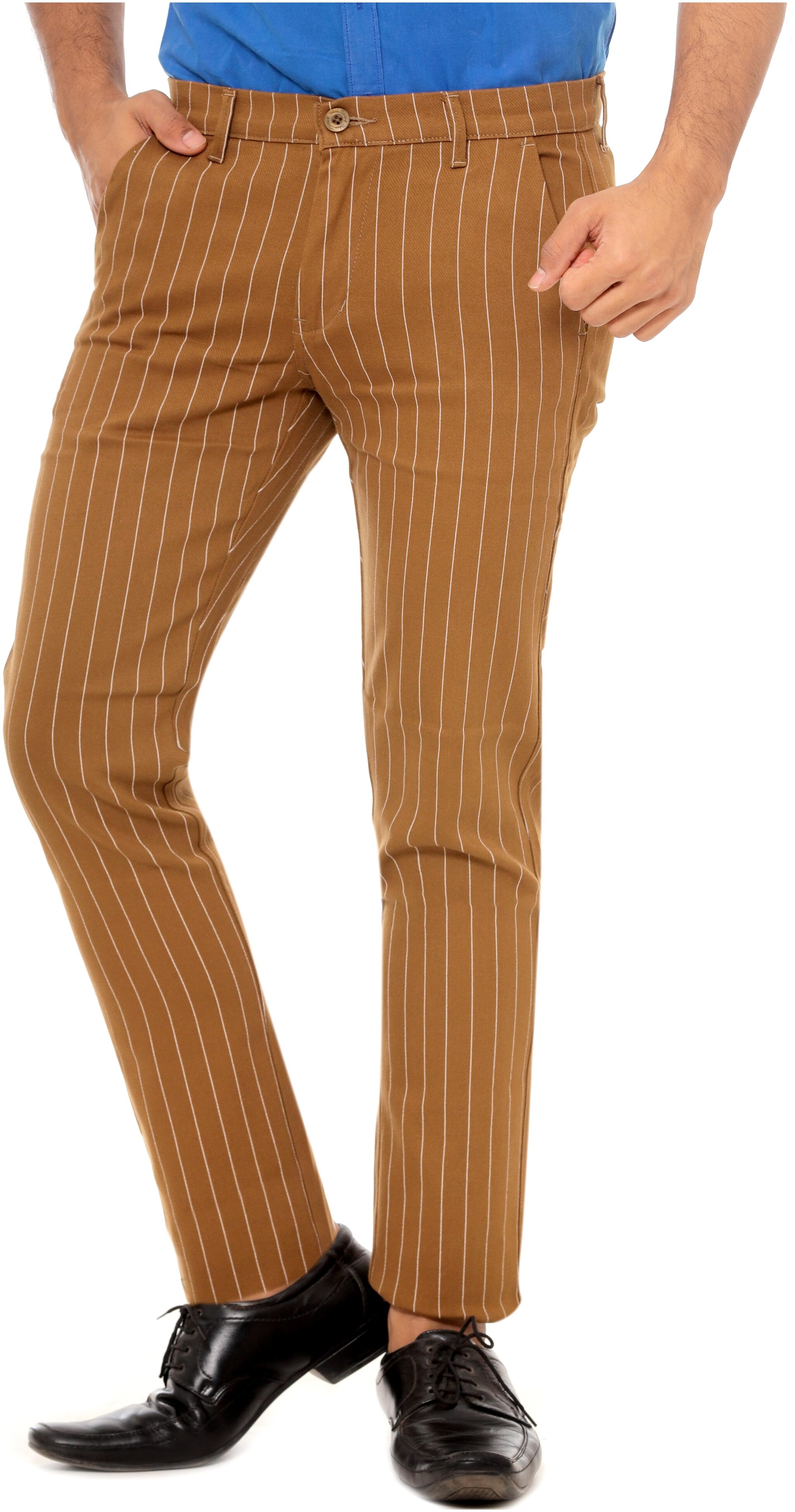 

BHAU Group Men Brown Striped Slim fit Wrinkle free Regular trousers