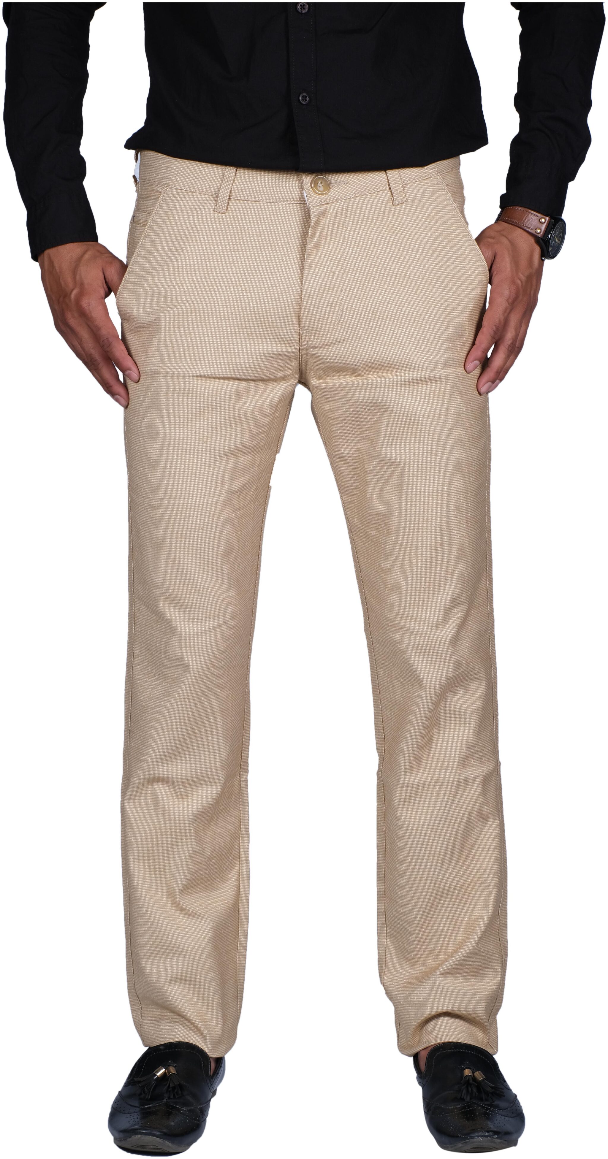 

BHAU Group Men Cream Textured Slim fit Wrinkle free Regular trousers