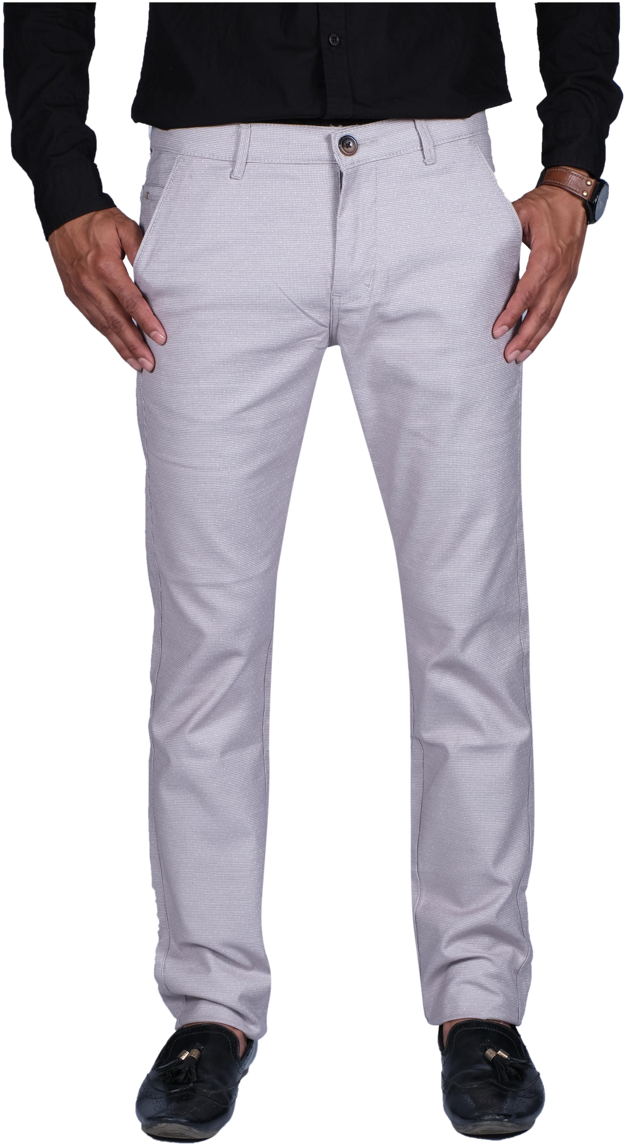 

BHAU Group Men Blue Textured Slim fit Wrinkle free Regular trousers