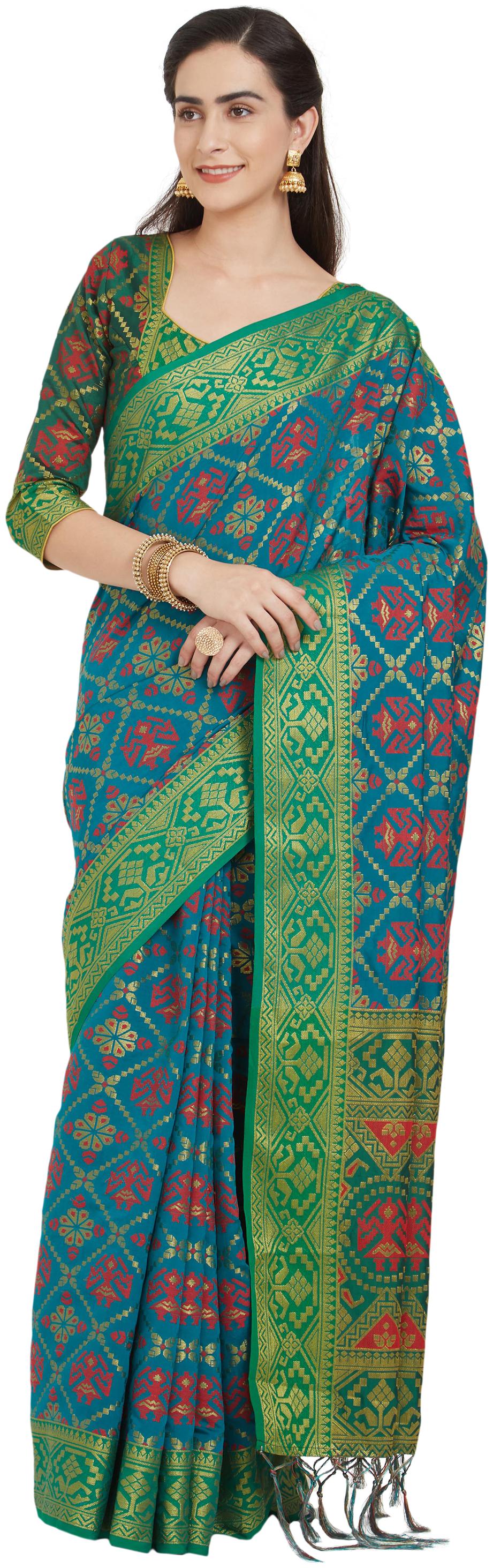 

Bhelpuri Dark Orange Patola Silk Tassel Woven Saree with Patola Silk Blouse Piece