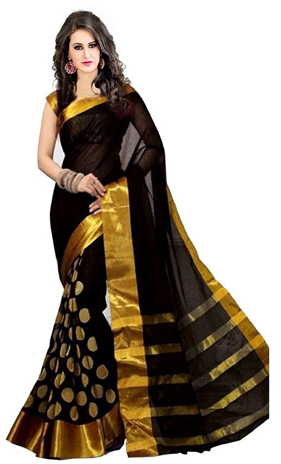 

Bhuwal Fashion Black Striped Universal Regular Saree With Blouse With blouse